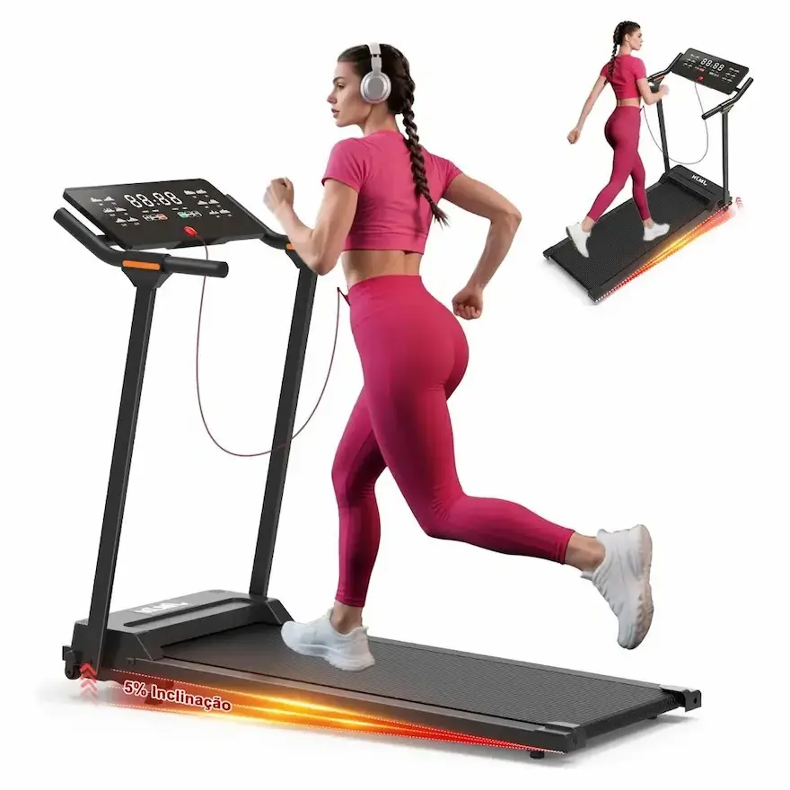 Esteira elétrica ergométrica JMJN dobrável na cor preta, mostrando o painel com tela LED iluminada e a estrutura compacta ideal para apartamentos