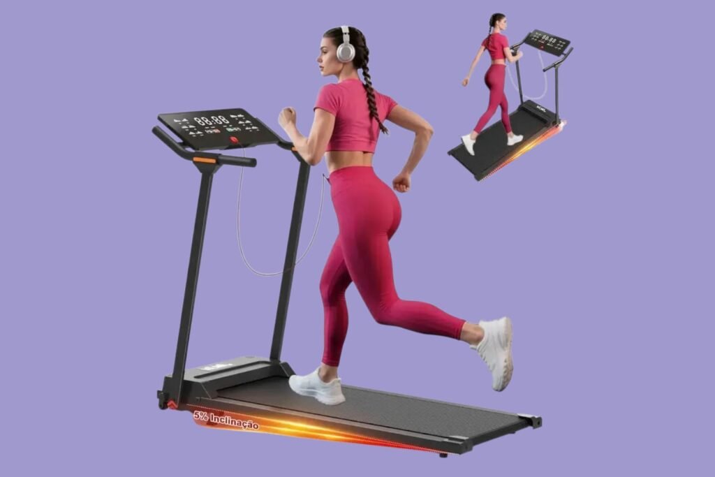 Esteira elétrica ergométrica JMJN dobrável na cor preta, mostrando o painel com tela LED iluminada e a estrutura compacta ideal para apartamentos