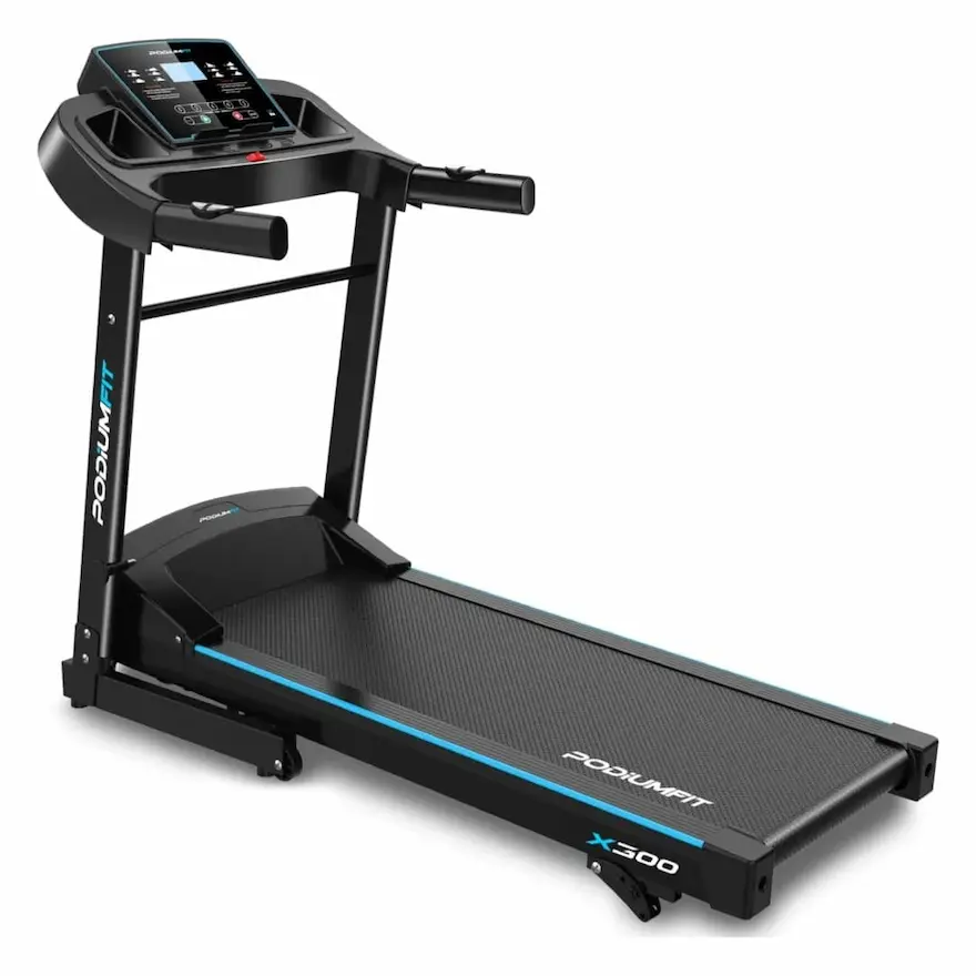Esteira elétrica residencial Podiumfit X300 dobrável com painel LCD azul em fundo branco