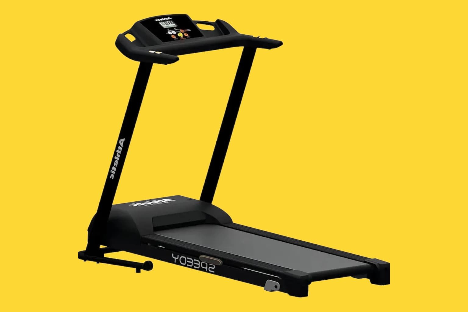 Esteira elétrica Athletic Speedy em ângulo de 45 graus com fundo amarelo para análise técnica.