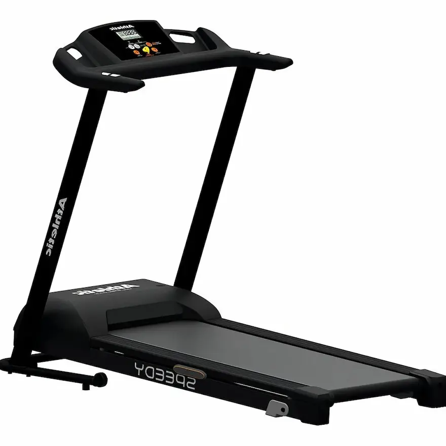 Esteira elétrica residencial Athletic Speedy preta bivolt suportando até 120kg em ambiente doméstico.