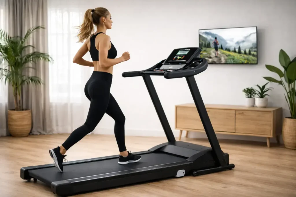 Mulher treinando em uma das melhores esteiras residenciais de 2026 em uma sala de estar iluminada.